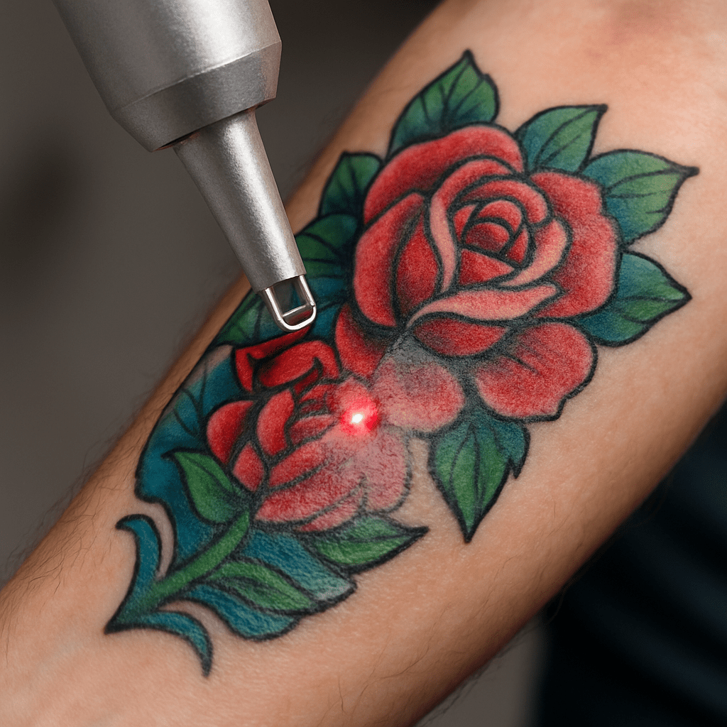 Close-up of laser equipment targeting colorful tattoo on forearm. Alt: Tattoo removal before and after treatment showing laser targeting colored ink on skin.
