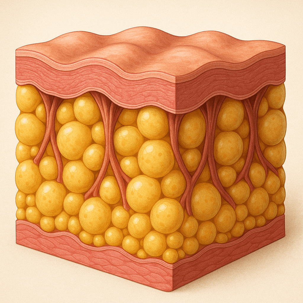Cross-sectional illustration of skin layers showing fat cells pushing upward, fibrous cords pulling down, and dimpled skin surface indicative of cellulite. Alt: Diagram showing causes of cellulite including fat cells and connective tissue pulling on skin.