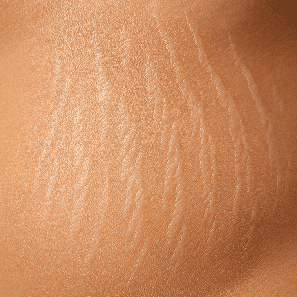 Close-up AI-generated image of skin with stretch marks on the abdomen area, showing varying shades and textures. Alt: How to remove stretch marks on abdominal skin - detailed skin texture view.