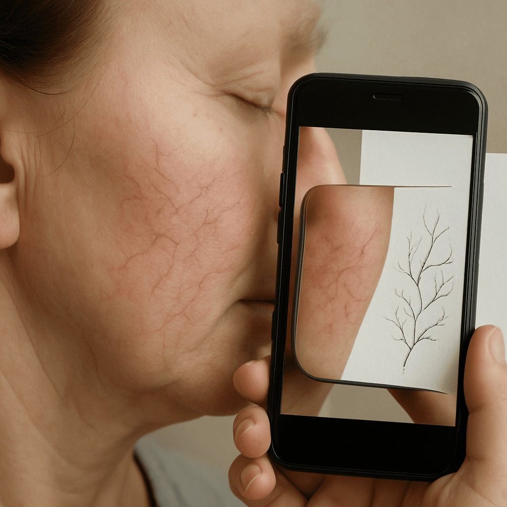 A close‑up of a woman's cheek with faint red spider veins, a hand holding a phone taking a photo, and a sketch of the vein pattern beside it. Alt: Detailed assessment of facial spider veins for accurate treatment planning.