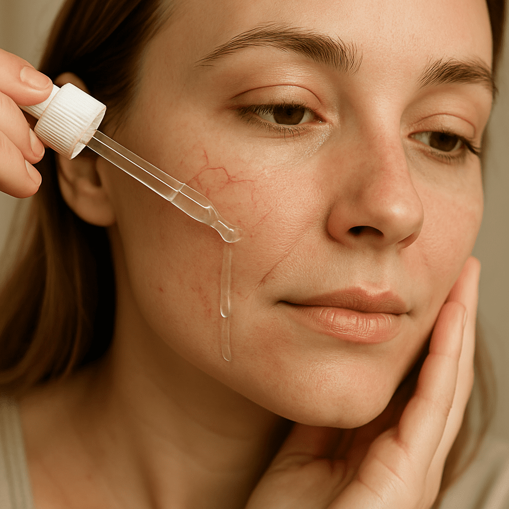 A close‑up of a woman gently applying a light serum to her cheek, with soft natural lighting. Alt: Home skincare routine to help get rid of spider veins on face.
