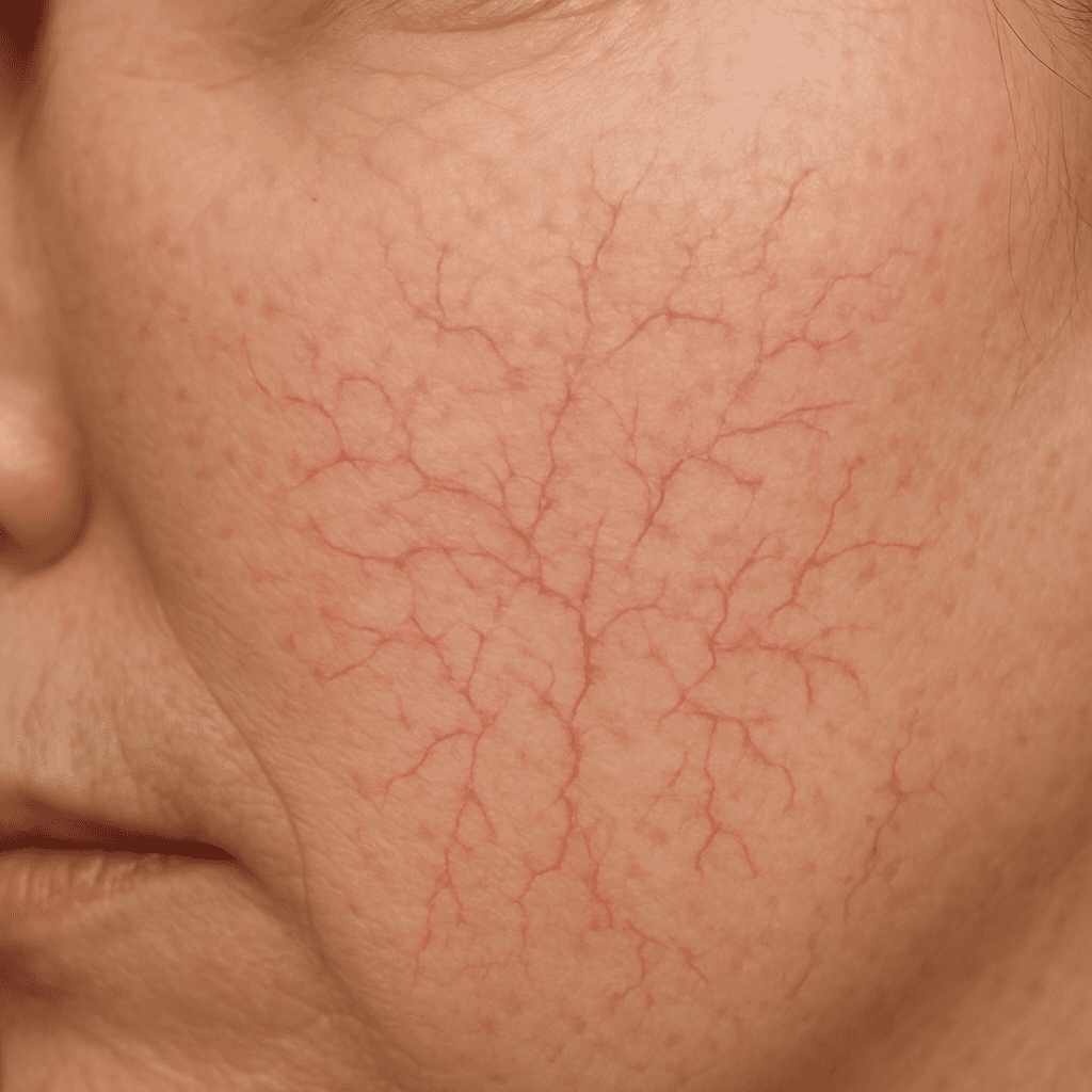 Close-up of facial skin showing tiny red spider veins across the cheek, highlighting typical locations. Alt: Identify facial spider veins causes.